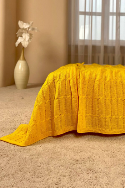 Плед трикотажный объёмный вязка косы для дома Romgil РВ0064-АК6 желтый - фото 1