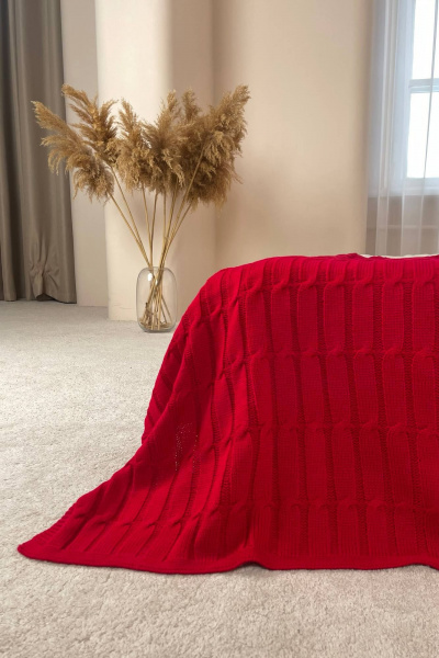 Круглогодичный объемный красный вязаный плед в косы Romgil РВ0065-АК6 вишневый - фото 1