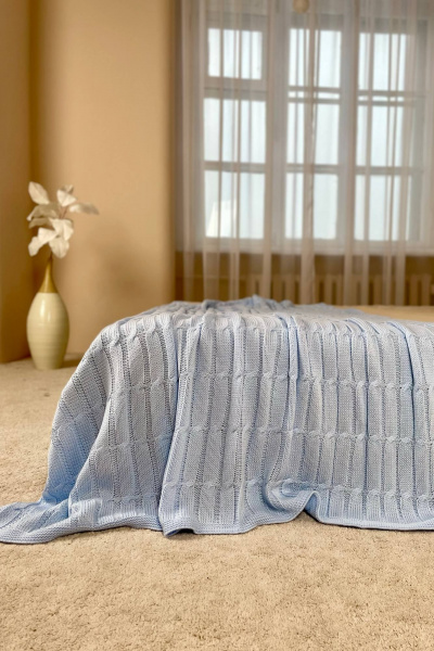 Плед трикотажный объёмный вязка косы голубой Romgil РВ0065-АК6 бледно-голубой - фото 1