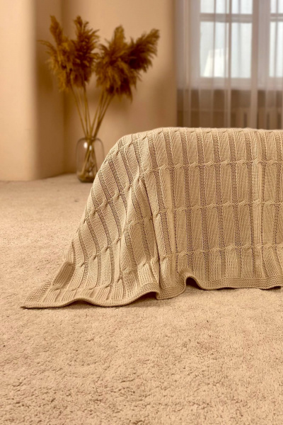 Плед трикотажный объёмный вязка косы бежевый Romgil РВ0065-АК6 слоновая_кость - фото 1