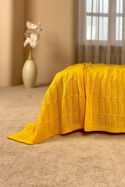 Плед трикотажный объёмный вязка косы желтый Romgil РВ0065-АК6 солнечно-желтый - фото 1