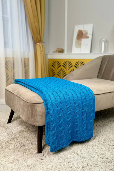 Голубой вязаный трикотажный плед с объемной вязкой Romgil РВ0067-ШЕ6 синяя_волна - фото 1