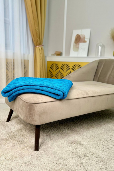 Голубой вязаный трикотажный плед в объемной вязке косы Romgil РВ0067-ШЕ6 ярко-голубой - фото 1