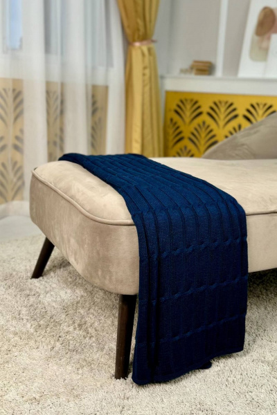 Вязаный плед в косу зауженный круглый год в синем Romgil РВ0068-ШЕ6 темно-синий - фото 1