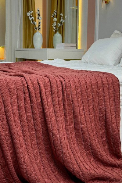 Вязаный плед в косу розовый круглый год уютный Romgil РВ0068-ШЕ6 темно-коралловый - фото 1