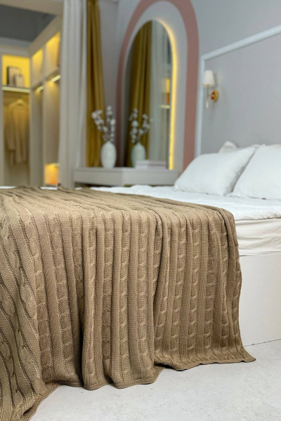 Объемный вязаный плед в косу бежевый круглый год Romgil РВ0068-ШЕ6 бежевый - фото 1