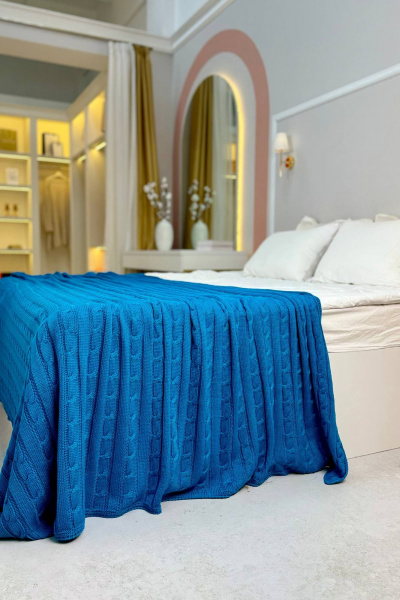 Объемный вязаный плед в косу синий круглый год Romgil РВ0068-ШЕ6 сине-морской - фото 1