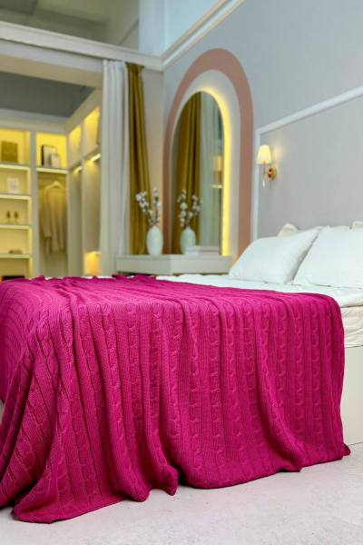 Плед из вязаного трикотажа в косу красный и розовый Romgil РВ0068-ШЕ6 рубиновый - фото 1