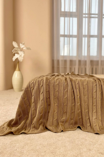 Бежевый крупногабаритный плед в вязке косы для уюта и комфорта Romgil РВ0069-ШЕ6 кремовый_капучино - фото 1