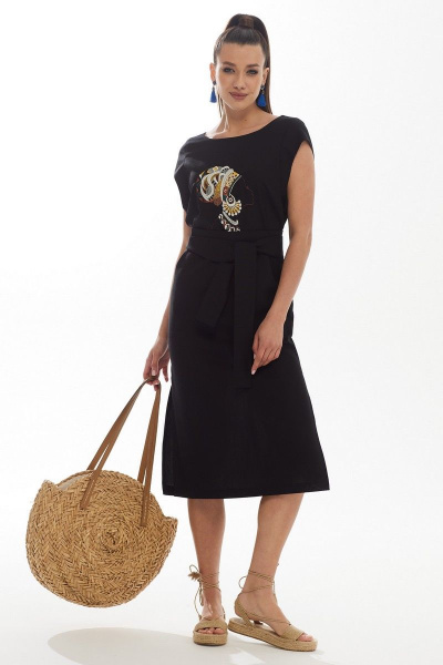 Леновое платье на лето с коротким рукавом и свободным силуэтом Galean Style 802.1 черный - фото 1