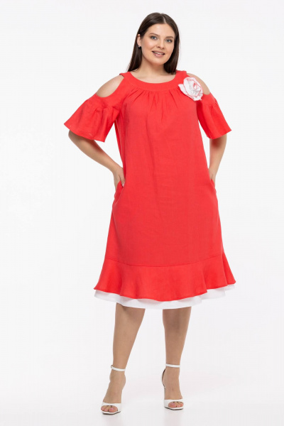 Льняное платье бохо с пышными рукавами и воланом Avila 0930 розово-коралловый - фото 3