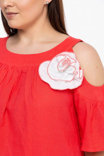 Льняное платье бохо с пышными рукавами и воланом Avila 0930 розово-коралловый - фото 2