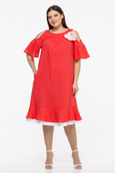 Льняное платье бохо с пышными рукавами и воланом Avila 0930 розово-коралловый - фото 1