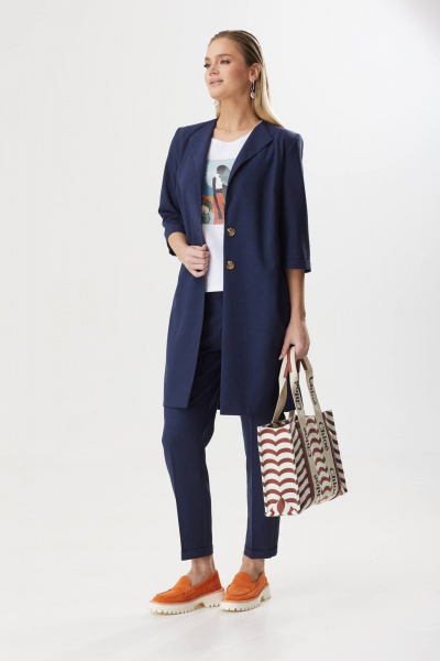 Деловой женский костюм с удлиненным жакетом из текстиля Твой имидж 1819 темно-синий - фото 2
