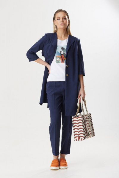 Деловой женский костюм с удлиненным жакетом из текстиля Твой имидж 1819 темно-синий - фото 1