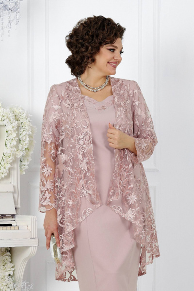 Нарядный кружевной комплек с платьем и кардиганом Ninele 5907 пудра - фото 2