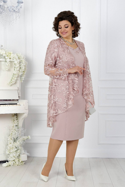 Нарядный кружевной комплек с платьем и кардиганом Ninele 5907 пудра - фото 1