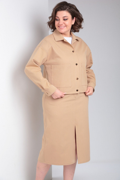 Бежевый джинсовый жакет и юбка с карманами и разрезом Takka Plus 24-218 - фото 11
