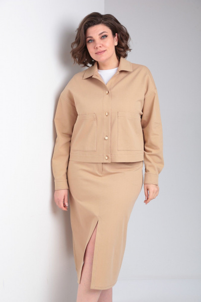 Бежевый джинсовый жакет и юбка с карманами и разрезом Takka Plus 24-218 - фото 10