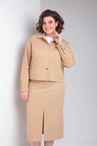 Бежевый джинсовый жакет и юбка с карманами и разрезом Takka Plus 24-218 - фото 9