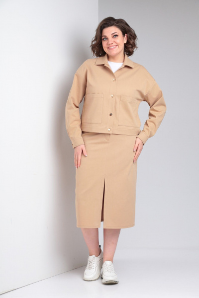 Бежевый джинсовый жакет и юбка с карманами и разрезом Takka Plus 24-218 - фото 3
