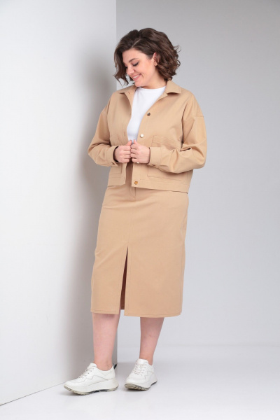 Бежевый джинсовый жакет и юбка с карманами и разрезом Takka Plus 24-218 - фото 4