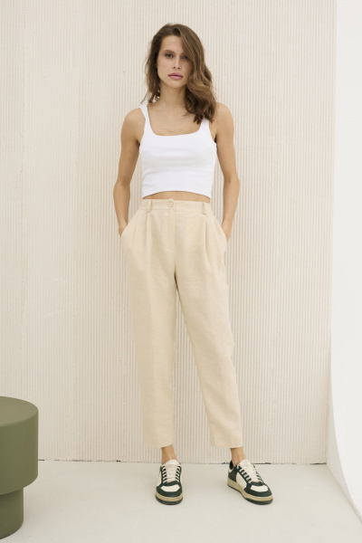 Демисезонные льняные брюки свободного силуэта с карманами DAVA 116 беж - фото 1