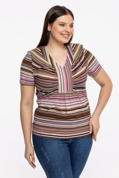 Летняя трикотажная блуза с V-вырезом и сборками Avila 0724 ежевичная - фото 5