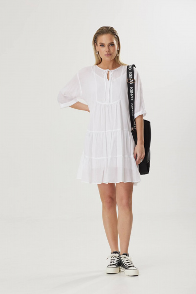 Летнее платье из структурного хлопка с воланами и завязкой Твой имидж 1593 белый - фото 1