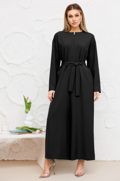 Черный комбинезон свободного силуэта с поясом и карманами Ambera Style 1075R черный - фото 1