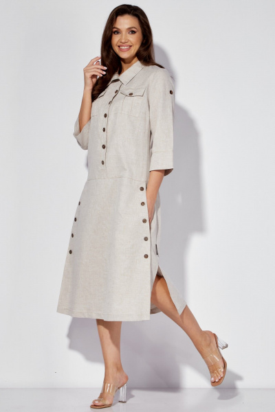 Льняное платье-сафари с разрезом и поясом из основной ткани Celentano lite 5025.2 натуральный - фото 7
