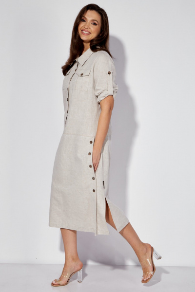 Льняное платье-сафари с разрезом и поясом из основной ткани Celentano lite 5025.2 натуральный - фото 3
