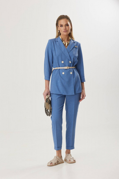 Деловой костюм в полоску из льна: пиджак и брюки Твой имидж 1812 голубой - фото 1