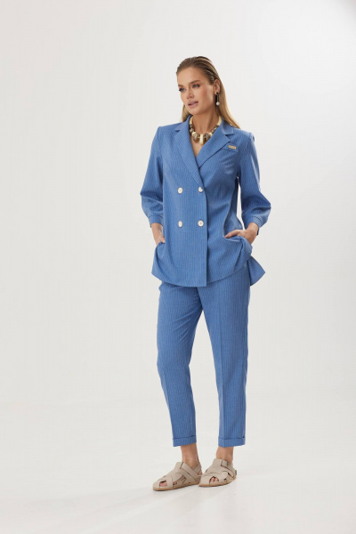 Деловой костюм в полоску из льна: пиджак и брюки Твой имидж 1812 голубой - фото 4
