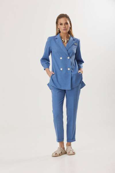 Деловой костюм в полоску из льна: пиджак и брюки Твой имидж 1812 голубой - фото 3