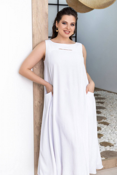 Белый летний сарафан трапеция с карманами и разрезами ASV 2357 белый - фото 2