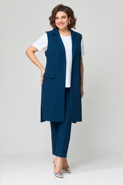 Комплект из жилета, блузы и зауженных брюк Орхидея 1403 морская_волна-белый - фото 4