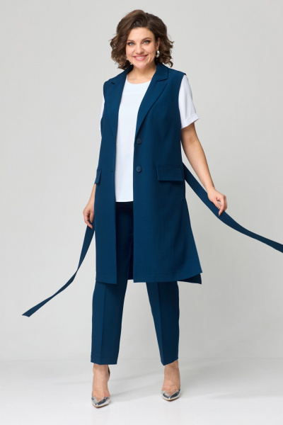 Комплект из жилета, блузы и зауженных брюк Орхидея 1403 морская_волна-белый - фото 3