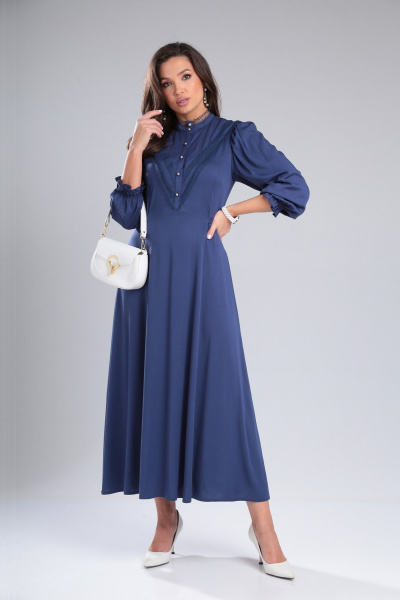 Платье из вискозы с кружевным воротником и рельефами DOGGI 3724 синий - фото 4