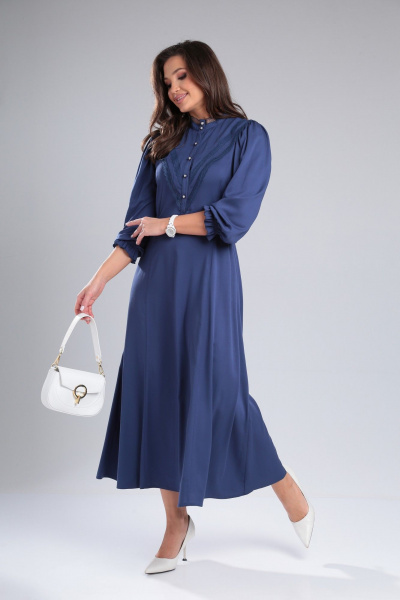 Платье из вискозы с кружевным воротником и рельефами DOGGI 3724 синий - фото 2