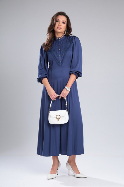 Платье из вискозы с кружевным воротником и рельефами DOGGI 3724 синий - фото 1