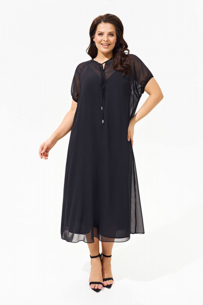 Платье А-силуэта из шифона с декоративной капелькой, летнее IVA 1586 черный - фото 1