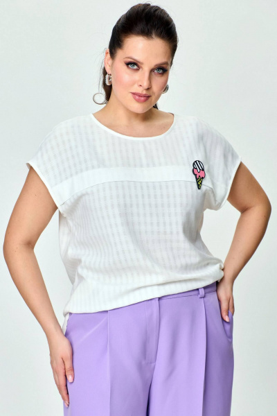 Комплект из хлопкового блузона и брюк палаццо на каждый день SOVA 11219 молочный+лаванда - фото 8