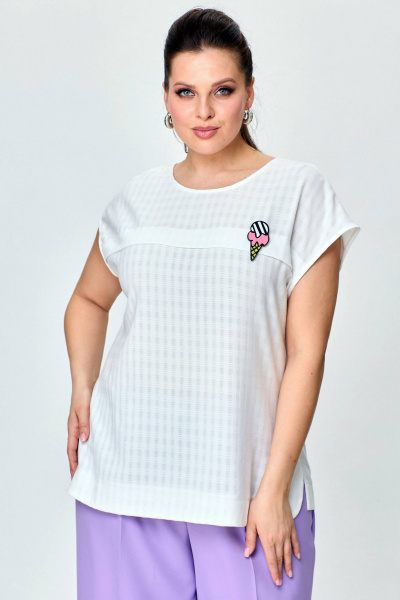 Комплект из хлопкового блузона и брюк палаццо на каждый день SOVA 11219 молочный+лаванда - фото 4