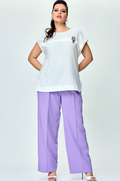 Комплект из хлопкового блузона и брюк палаццо на каждый день SOVA 11219 молочный+лаванда - фото 7