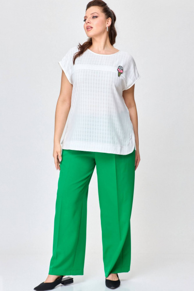 Комплект блузон и брюки палаццо из хлопка и текстиля SOVA 11219 молочный+зеленый - фото 7