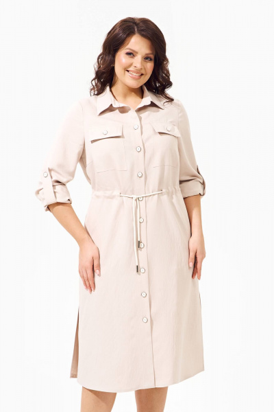 Платье-рубашка из вискозы с накладными карманами и кулисой IVA 1377 бежевый - фото 8