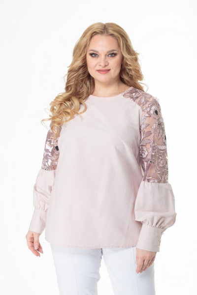 Блуза кружевная из тонкой ткани с кружевными кокетками Anelli 845 пудра_нюд - фото 1