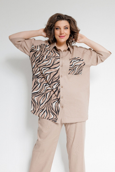 Льняной костюм Блуза и Брюки на каждый день дляOffice OVERYOU М101 бежевый - фото 18