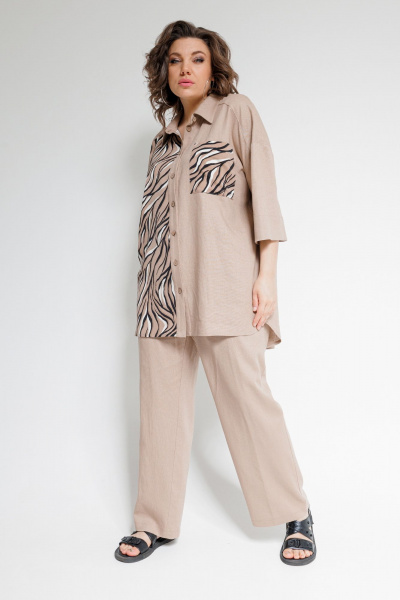 Льняной костюм Блуза и Брюки на каждый день дляOffice OVERYOU М101 бежевый - фото 14